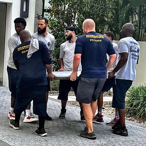 Local Moving Company Tampa Florida Seven Employees of Local Moving Company Helping Each Other Carry Heavy Furniture of Tampa Family