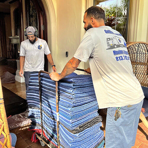 Two Employees of New Port Richey Moving Company Using a Trolley To Move Mats
